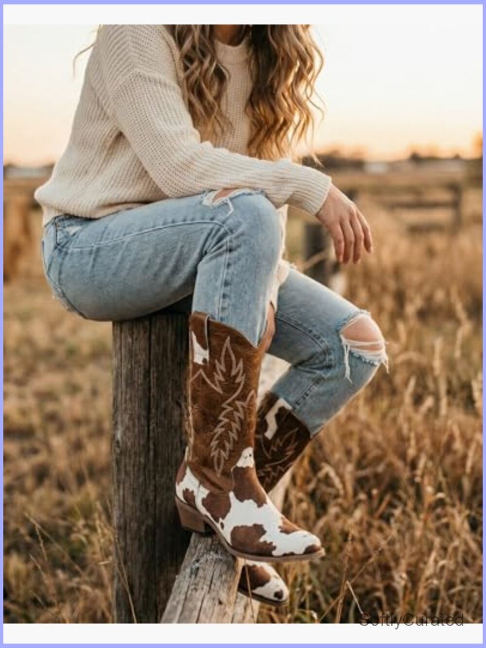 Cow Print Cowboy Boots Knee-High Western Cowgirl Pointed Toe Low Heel - Picture 3 of 6